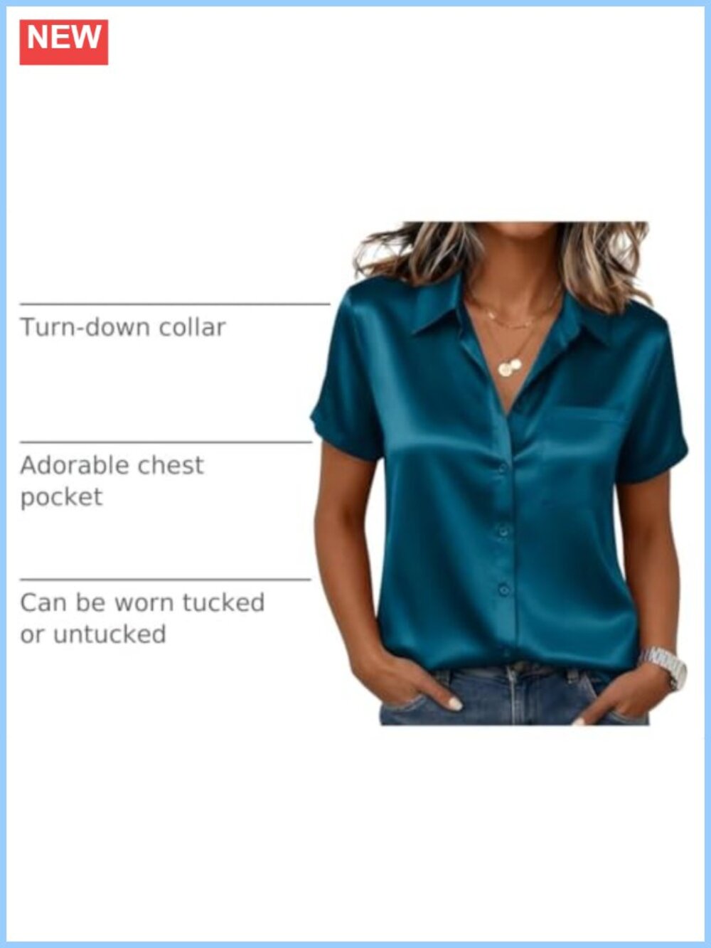 Satin Silk Button Down Short Sleeve Blouse Top for Women - Picture 3 of 6